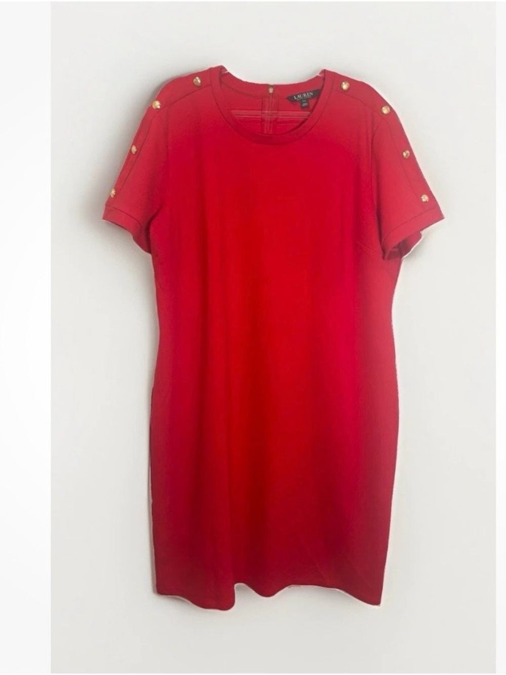 Lauren Ralph Lauren Red Dress Sz XXL Gold Buttons Sheath Career Chic Office
